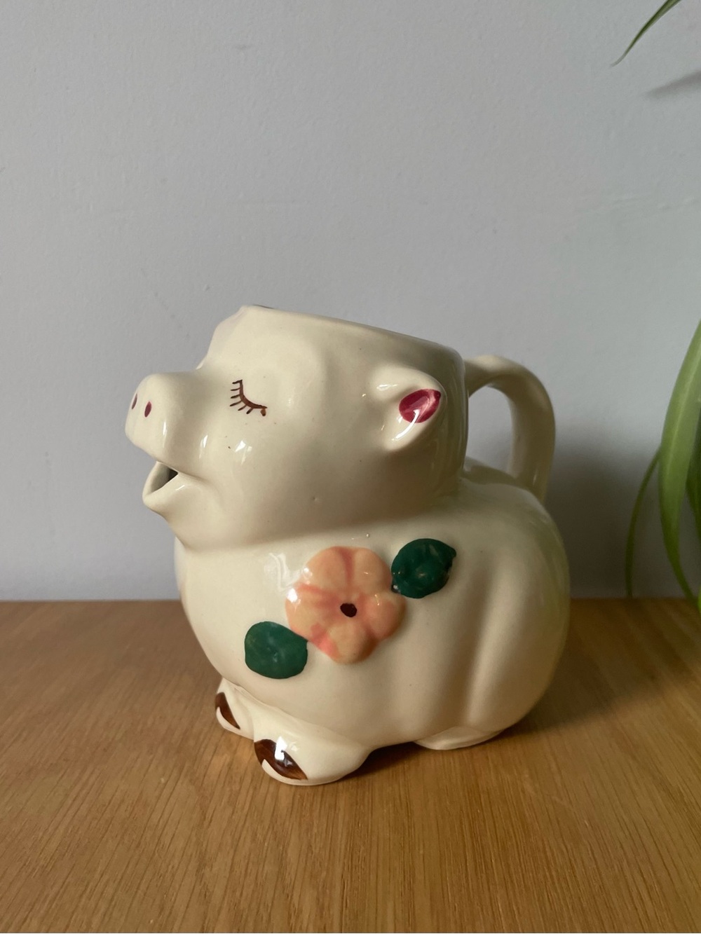 Vintage MCM Shawnee Pottery Smiley Pig Creamer Pitcher Peach Flower USA 1940s